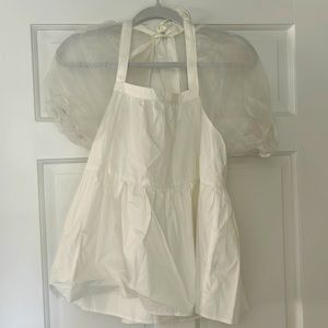 Pomander Place Fun Blouse. Tie back. Puffy sheer sleeves Size S